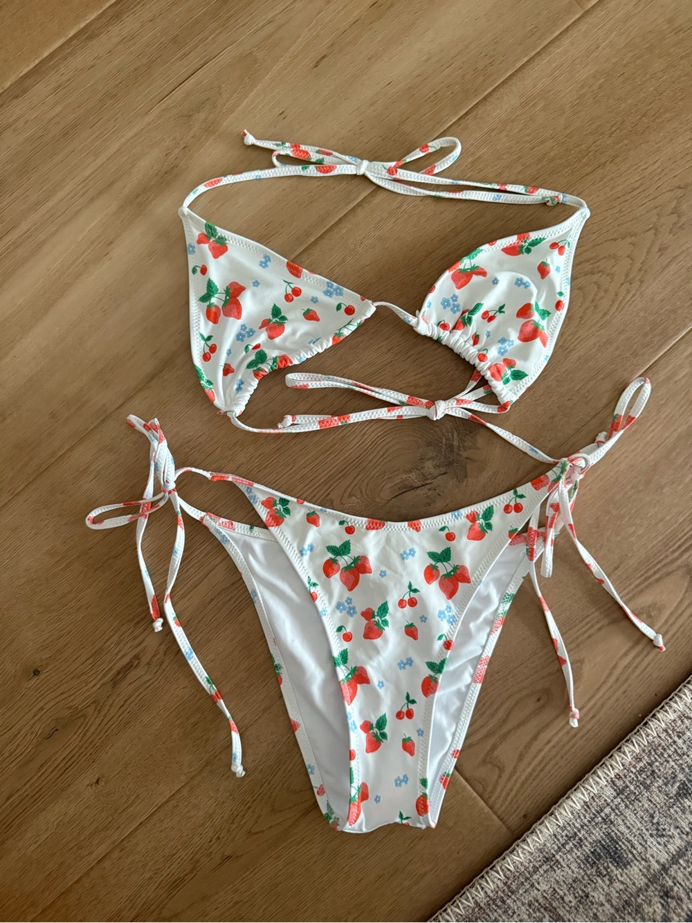 Bright Swimwear White Strawberry Print Tie-Side Bikini size small